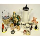 Mixed group of ceramics, Hilltop conical sugar shakers by Dorothy Ann, Afternoon tea figure by