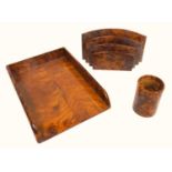 Burr wood veneer desk set, of letter rack, tray and pen holder (3)