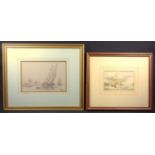English School ships in a harbour, watercolour, 11.5 x 17.5, and a pencil drawing, marked Abraham