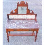 Victorian marble topped wash stand with tile back and mirror, 131 x107 x 51.5 cm