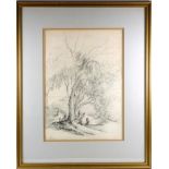 English school, 18th Century figures under a tree, signed with initials HC or HG, 38 x 26.5 cm