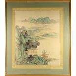 Japanese School, landscape with pagoda, watercolour on paper with silk mount, early 20th C, 45 x