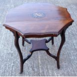 Late Victorian rosewood lamp table, of shaped octagonal form inlaid with design of musical