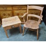 Victorian pine bar back chair with turned supports and a pine low table with single drawer, 52 x