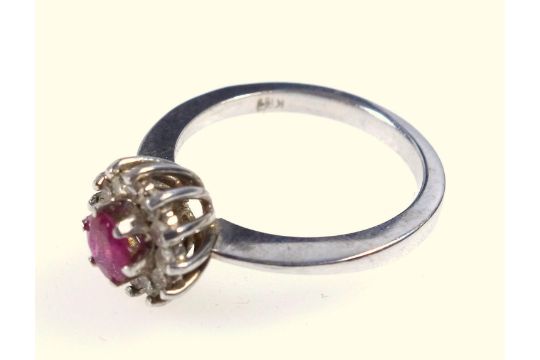 Vintage ruby and diamond cluster ring, in 18ct white gold, ring size M, 3.7 grams - Image 2 of 3