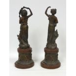After Charles Ruchot, pair of Art Nouveau spelter figures of young women, with flowers, the bases