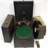 His Master's Voice wind up gramophone, with used needle case, and two cases with 78 records
