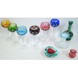 Harlequin set Bohemian coloured flash glasses, Victorian frilled edge vase and others