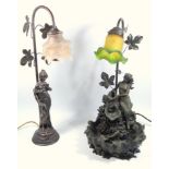 Two Art Nouveau style table lamps, each with a figure of a lady and glass shade, tallest 55 cm and