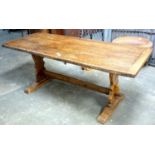 Oak refectory table, with heavy plank top, on lyre form supports, 186 x 85 cm