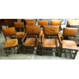 A set of eight oak dining chairs upholstered in cognac leather with studded edges, tenon joints