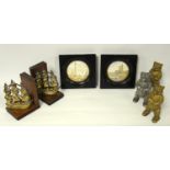 Three vintage bear money boxes, two brass and another white metal; two framed Prattware lids, Thames