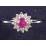 Vintage ruby and diamond cluster ring, in 18ct white gold, ring size M, 3.7 grams
