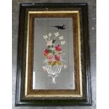 Victorian mirror with reverse etched and painted decoration of a bird and flowers in a vase, 94 x 72