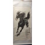 Chinese scroll hanging depicting a galloping horse, signed and inscribed, watercolour, 174 x 76.
