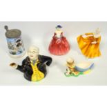 Nelson's Victory at Trafalgar tankard, Royal Doulton figures Genevieve HN1962 and Kirsty HN2381, a