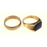 Two gold rings, gold wedding band, and a gentleman's onyx set signet ring, both 9 ct, size W.