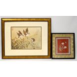 Japanese watercolour, water birds among reeds, stamped top right, 25 x 34 cm, and a Chinese embroid