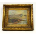 English School, 19th C, oil on board, cattle by a river with ducks, 16 x 20 cm, in period gilt frame