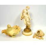 A group of Worcester blush ivory, floral decorated shell dish on shell feet, width 26 cm, a figure