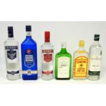 Bottles of gin and vodka, Virgin triple distilled 50%vol, 1ltr, Smirnoff triple distilled, No 57,