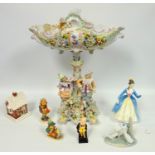 Mixed group of ceramics, Continental figural and floral encrusted centrepiece, Royal Doulton Mr