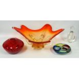 Large Italian red glass bowl, mid-20th C., max. 46 cm, a red speckled cased glass vase, four section