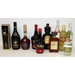 Mixed spirits and liqueurs Courvoisier VSOP, 70cl, another brandy, two bottles of Tia Maria,