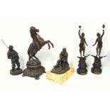 A group of 19th C. spelter figures, La Jour & La Nuit, a figure of a shepherd feeding a lamb,