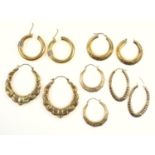 Gold earrings, five pairs of gold hoop earrings, all 9 ct largest 4.2 cm