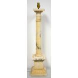 An alabaster column table lamp on square section base, 87 cm