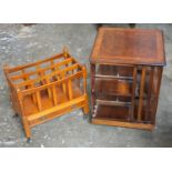 Burr walnut revolving bookcase table, 66 x 49x 49 cm, and a yew wood Canterbury (2)