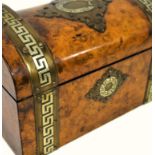 Victorian dome top tea caddy, burr walnut veneer, inlaid brass strapwork and mounts with Greek key