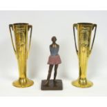 Pair of early 20th c brass vases H. 26cm, with Art Nouveau decoration and later figure of a Degas st