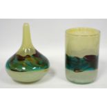 Two Mdina glass vases, both with blue green decoration on a pale yellow ground, signed, tallest 20