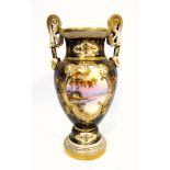 A large Noritake twin handled vase, painted with landscapes, with gilt decoration on a black ground,