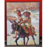 Fadlou-Allah El-Hadi, (Moroccan) three children riding on a donkey, buildings beyond, signed, oil on
