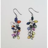 Drop earrings set with multi coloured sapphires, 14ct gold mount, length 4cm