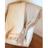 Two vintage Welsh Cartheni one honey coloured pale check, all round fringe, and another in wool pale