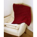 19th C. Welsh shawl/blanket, cochineal deep raspberry red with purple stripe. 174 x 430 cm. with