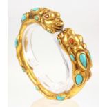 Tibetan gilt bronze dragon bangle set with turquoise