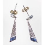 Pair of white gold earrings, pave set with diamonds and square cut sapphires, marks for 9 ct, Length