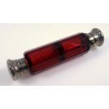 Victorian double ended ruby coloured scent bottle with foliate engraved white metal mounts, length