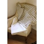 A Victorian Welsh narrow width blanket with charcoal chevron and rope twist stripes on a cream