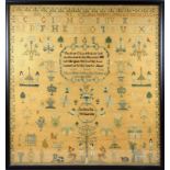 George III Adam & Eve sampler, embroidered in silk on linen, complex design with the tree of life