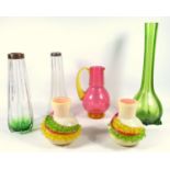 A group of Victorian glass, a cranberry jug with amber glass handle, green bulbous, vase, a pair