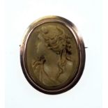 Lava Cameo brooch, finely detailed portrait of a lady, in plain gold mount, testing as 15 ct, 4.2