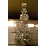 Scottish thistle form decanter engraved with thistles, height 30 cm, and four wine glasses