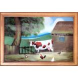 Antique reverse painting on glass farm scene with cow and chickens, 37 x 58 cm