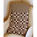 Antique Welsh tapestry blanket with reversible design of brown and cream squares and dual colour